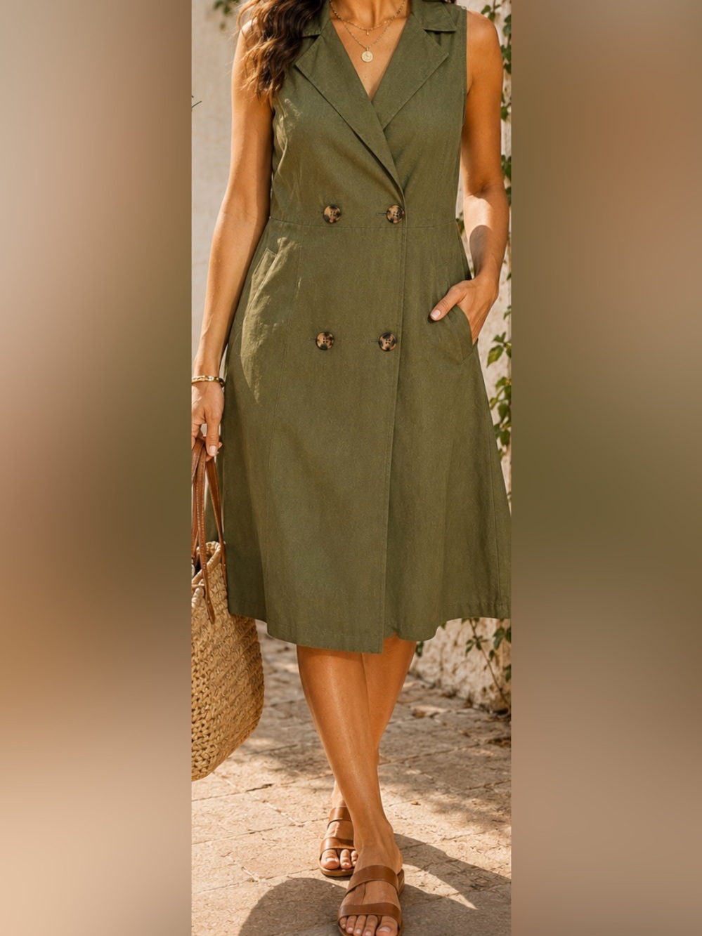 Love Tree Olive Green Double Breasted Sleeveless Shirt Trench Dress size Medium